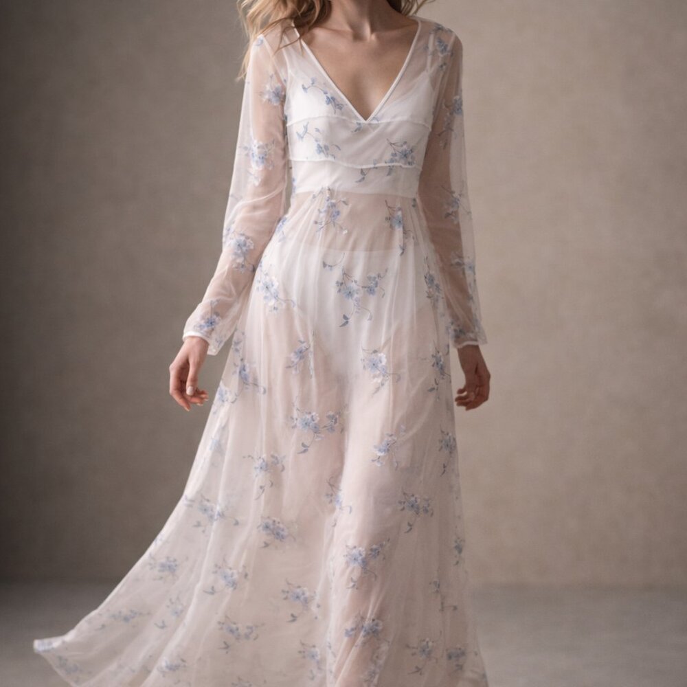 Elora Sheer Blue Floral Maxi Dress